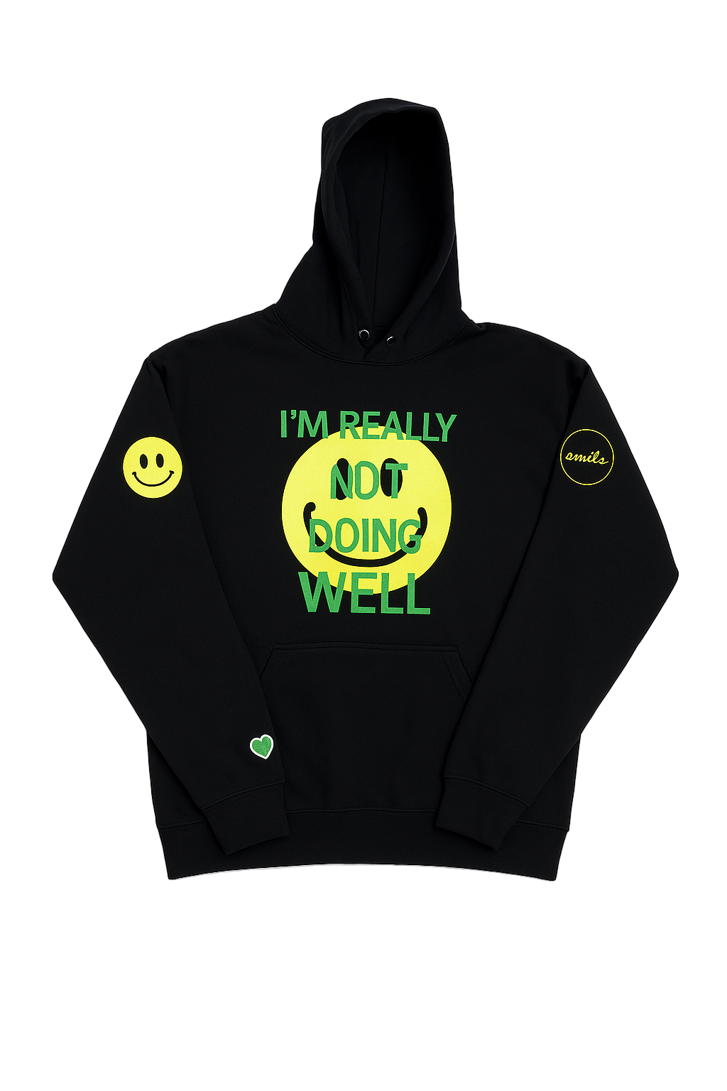 Black hoodie with yellow and green graphics and text on a white background