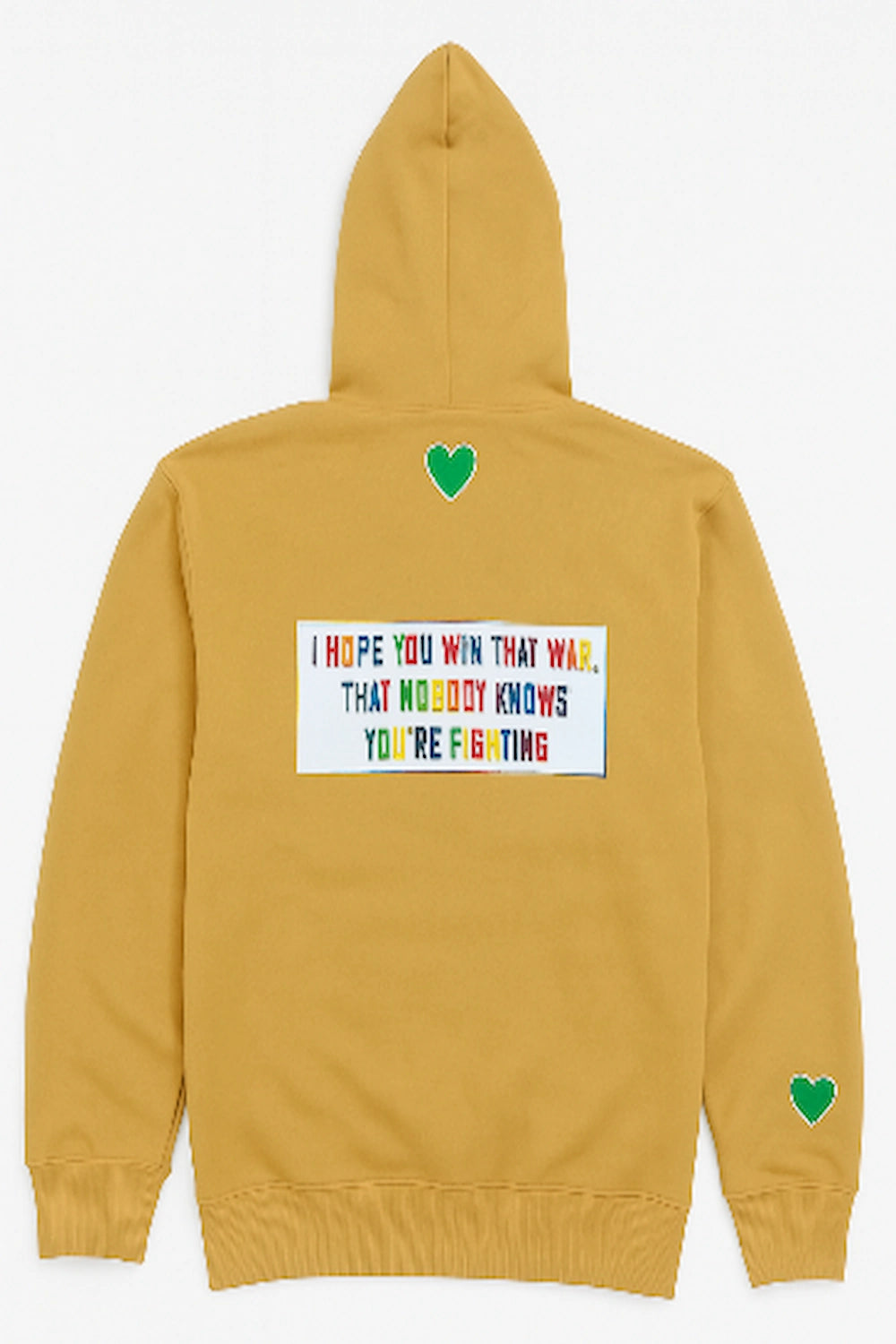 A mustard yellow zip-up hoodie is shown from the back.