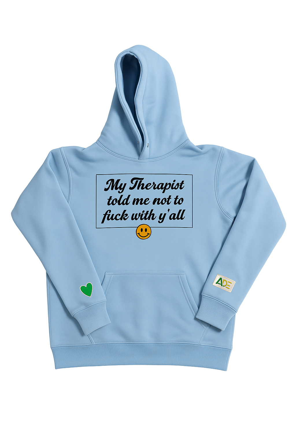 Light blue hoodie with text and graphics on a white background
