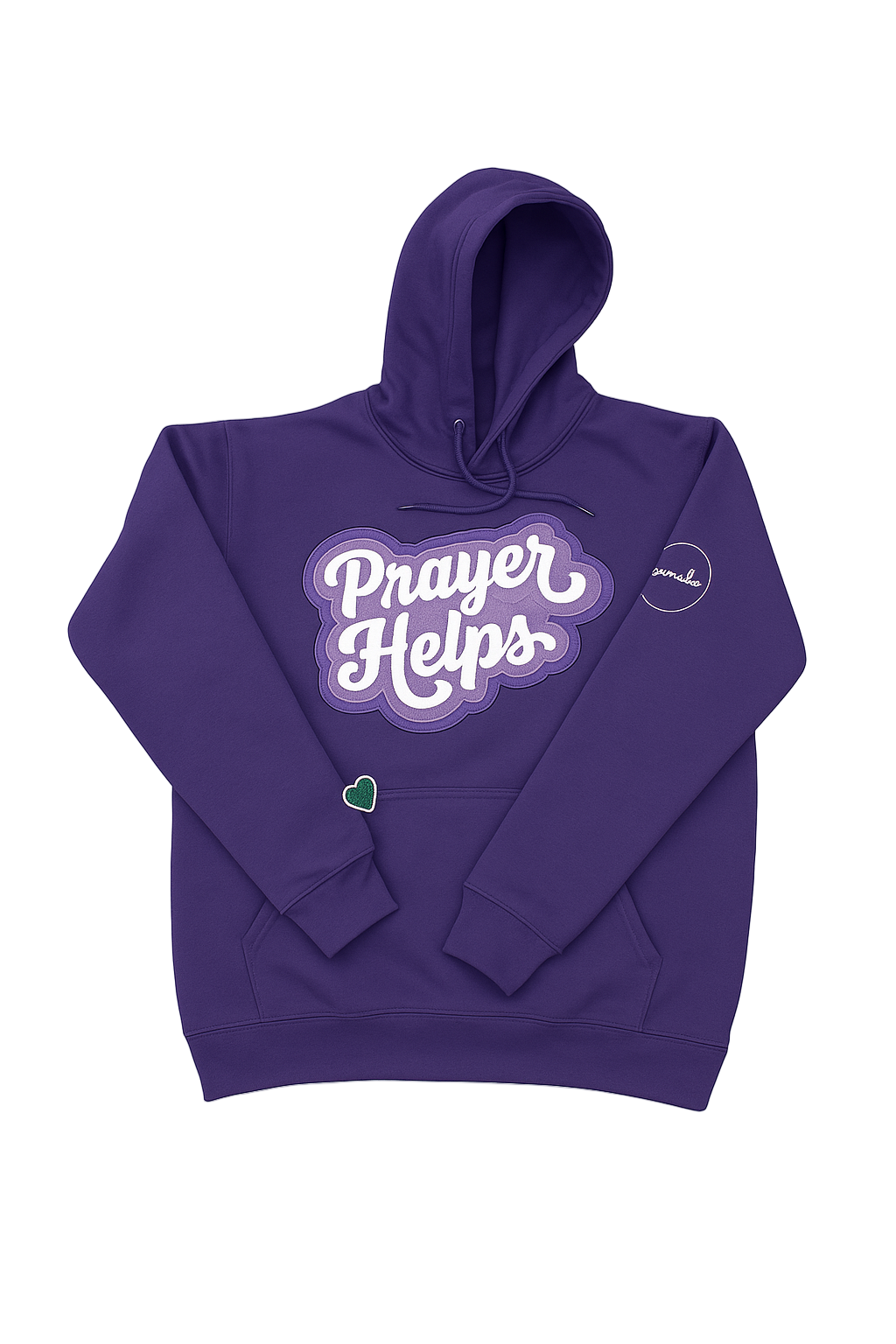 Purple hoodie with 'Prayer Helps' text on a white background