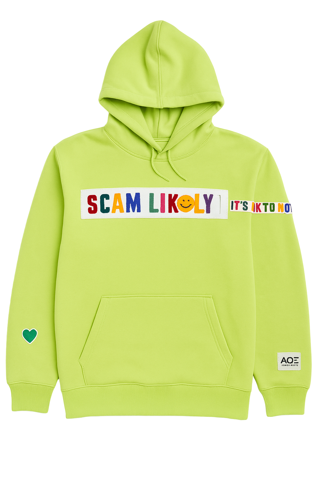 Lime green hoodie with colorful text and logo on a white background