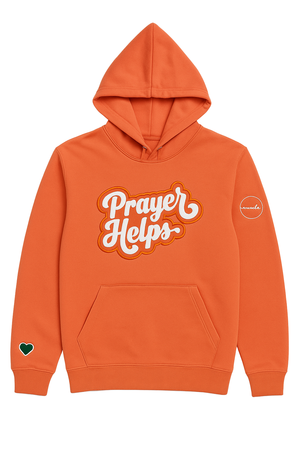 Orange hoodie with 'Prayer Helps' text on a light gray background