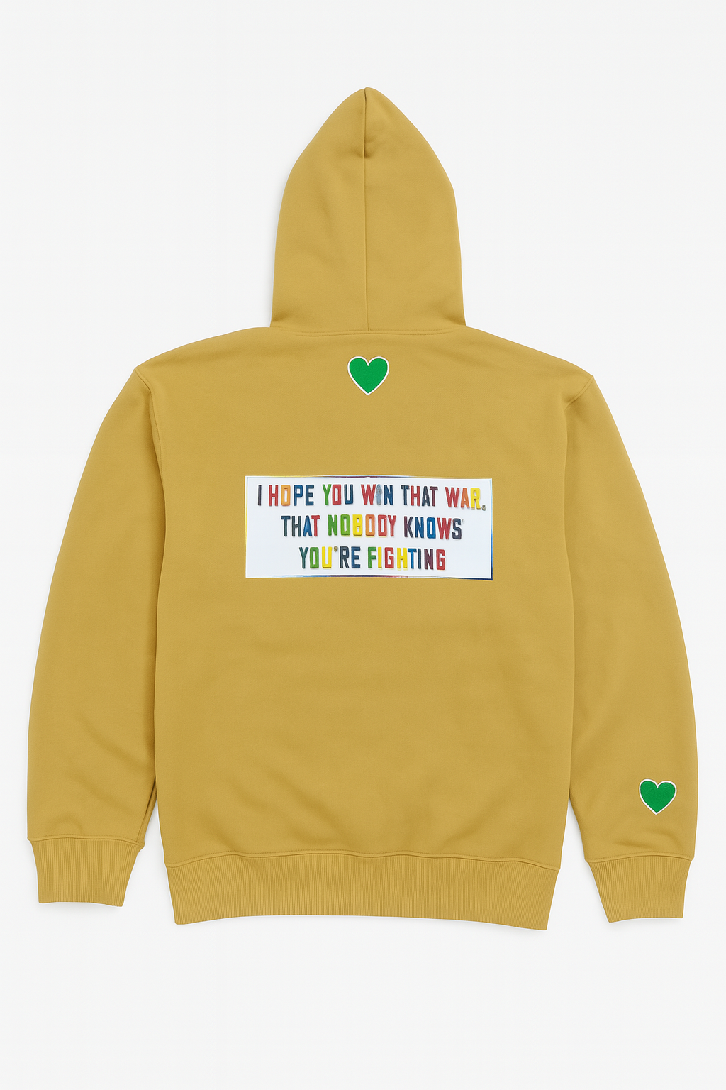 Back of hoodie with text and heart designs on a white background