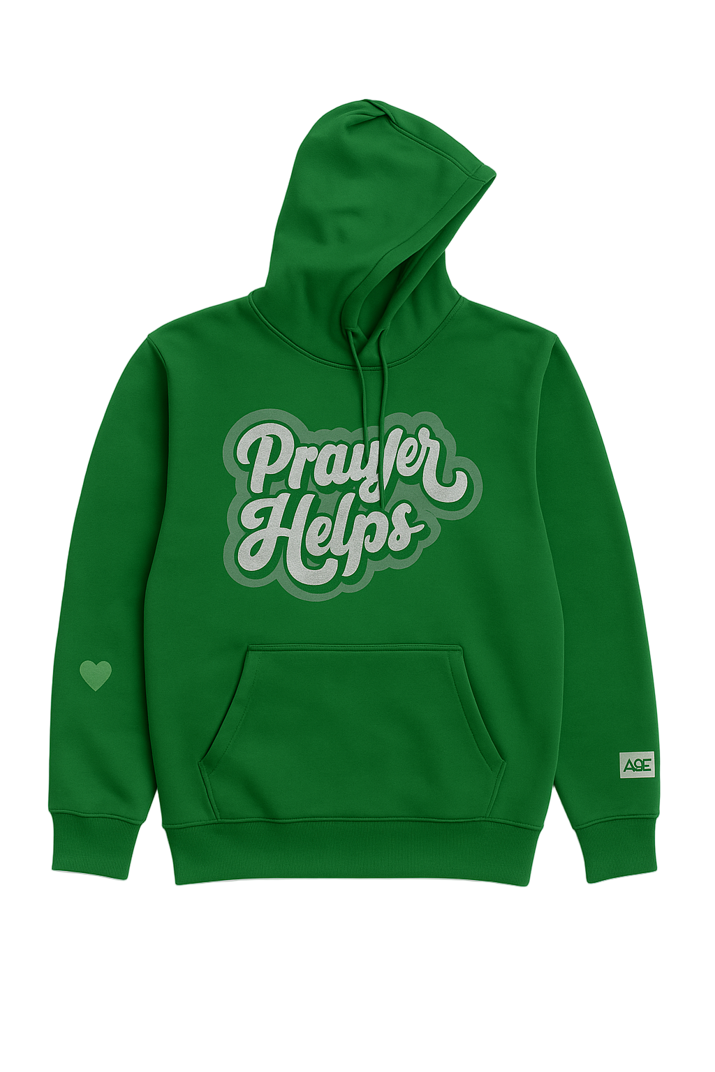 Green hoodie with 'Prayer Helps' text on a white background