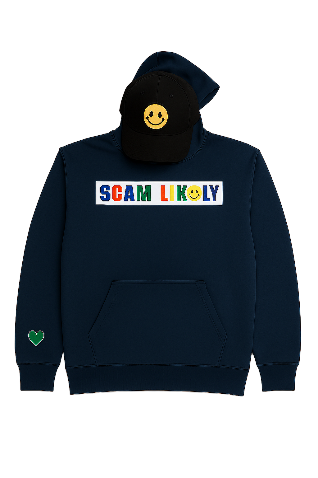 Navy hoodie with 'SCAM LIKELY' text and smiley face design on a white background