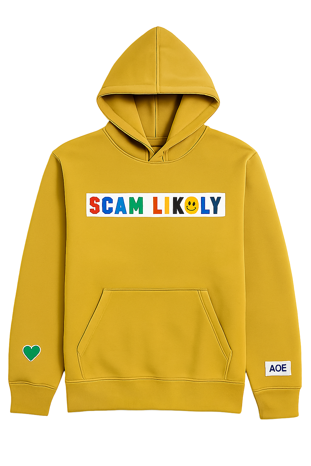 Yellow hoodie with colorful text and logo on a white background