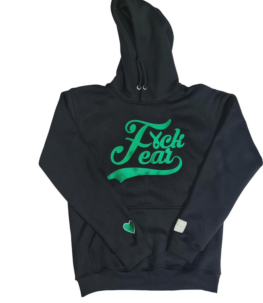 Black hoodie with green text on a white background