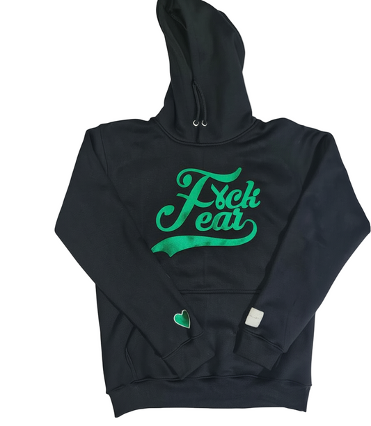 Black hoodie with green text on a white background