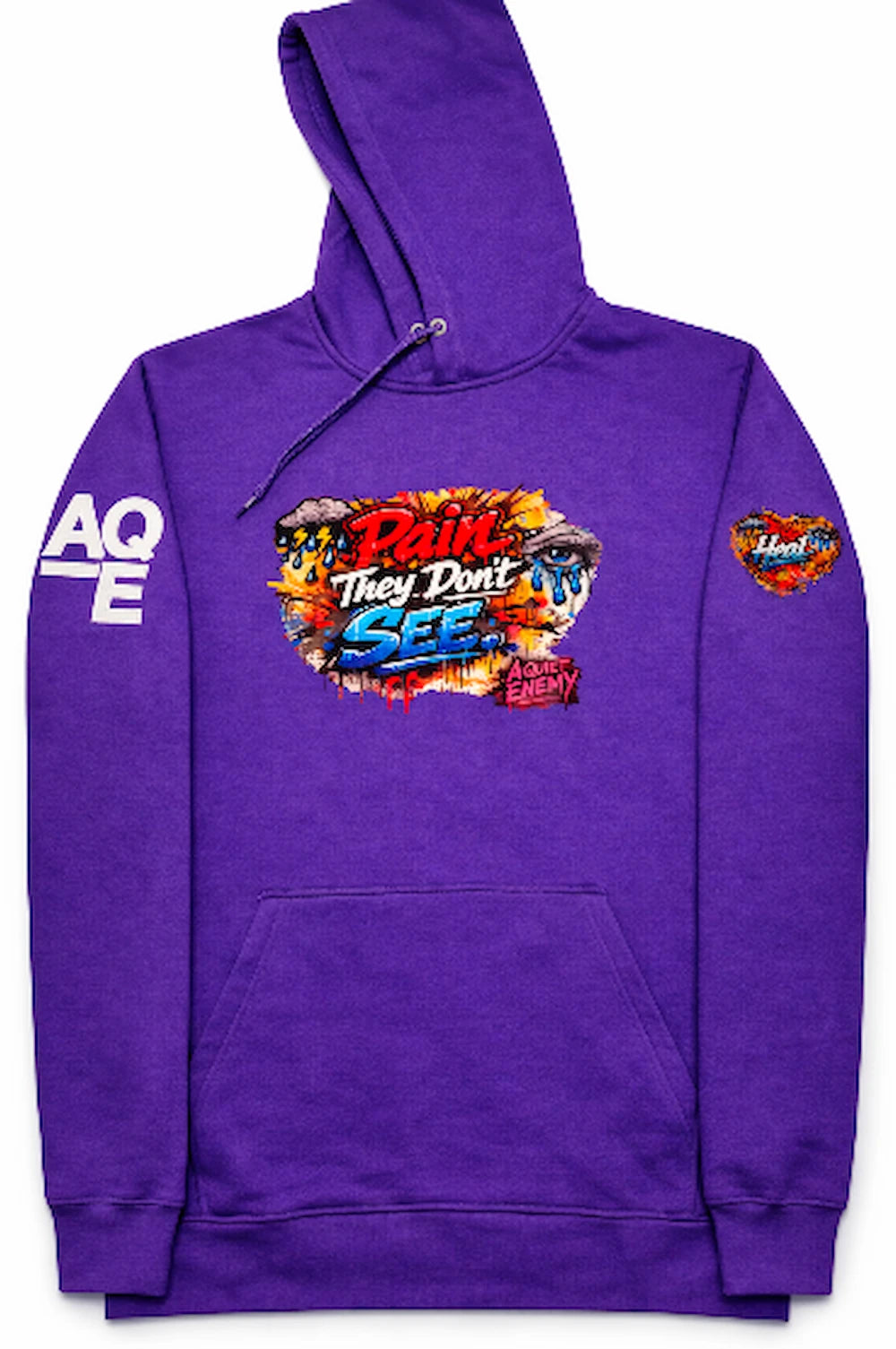 A purple pullover hoodie featuring a colorful graphic on the chest the reads Pain They Don't See. Heal Inside Heart on the left sleeve. White AQE Logo on right sleeve.