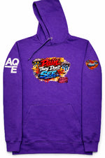 A purple pullover hoodie featuring a colorful graphic on the chest the reads Pain They Don't See. Heal Inside Heart on the left sleeve. White AQE Logo on right sleeve.
