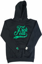  Black premium fleece hoodie featuring a bold kelly green "F*ck Fear" graphic on the front with a signature green heart embroidered on the sleeve by A Quiet Enemy. Mental health awareness statement apparel promoting courage, resilience, and healing.