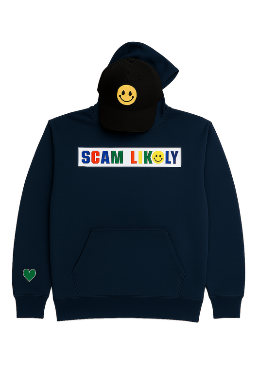 Navy hoodie with 'SCAM LIKELY' text and smiley face design on a white background