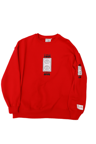 Red sweatshirt with a graphic design on a white background
