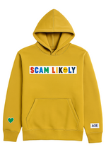 Yellow hoodie with colorful text and logo on a white background
