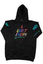 A black pullover hoodie featuring a colorful graphic on the front that reads 'A QUIET ENEMY' in rainbow lettering, with green heart on the right sleeve, and 'AQE' logo on the left sleeve.  The word Heal going down the left sleeve.
