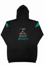 A black pullover hoodie with a colorful graphic on the chest that says A Quiet Enemy. On the back, I take my mental health seriously with hearts in place of the A's.