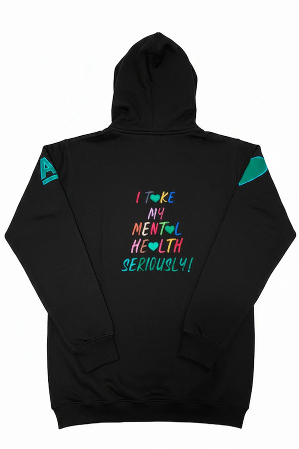 A black pullover hoodie with a colorful graphic on the chest that says A Quiet Enemy. On the back, I take my mental health seriously with hearts in place of the A's.