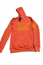 A coral red pullover hoodie with yellow embroidered text.