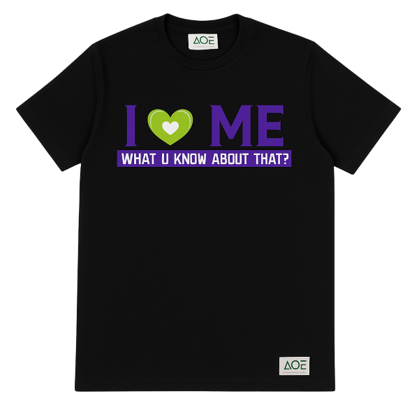 Black "I Love Me" mental health awareness T-shirt with green heart and purple graphic by A Quiet Enemy promoting self-love and emotional wellness.