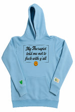 A light blue hoodie with a black text graphic on the chest.