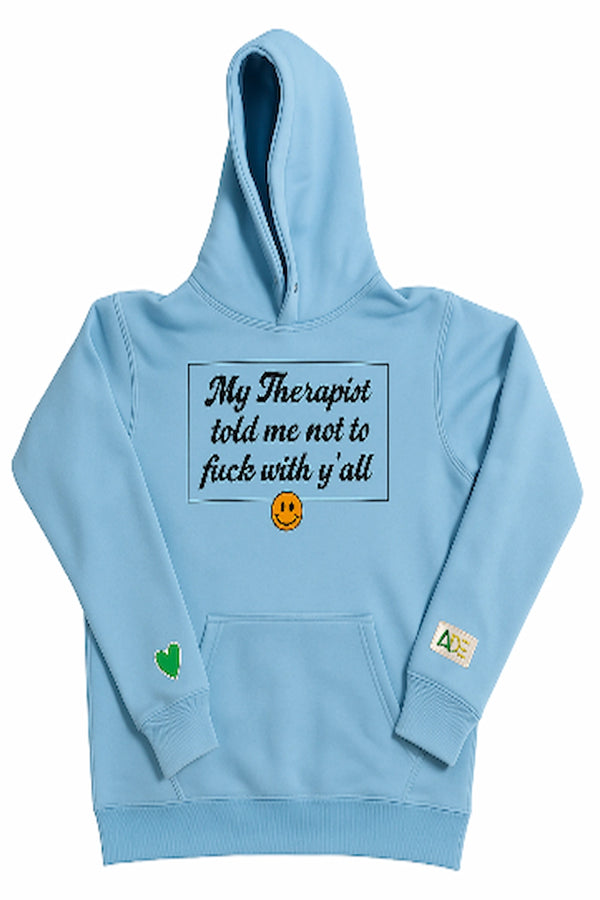 A light blue hoodie with a black text graphic on the chest.