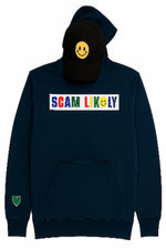 A navy blue hoodie with a front kangaroo pocket and a chest graphic.