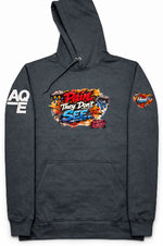 A dark gray heather pullover hoodie featuring a colorful graphic print on the chest.