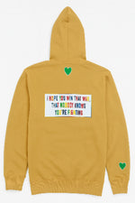 A mustard yellow zip-up hoodie is shown from the back.