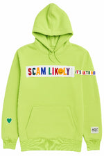 A bright lime green pullover hoodie with a colorful graphic text print across the chest.