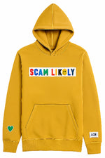 A mustard yellow pullover hoodie with a kangaroo pocket and a colorful chest graphic. 