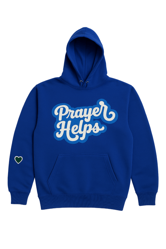 Blue hoodie with 'Prayer Helps' text on a sky-blue background