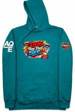 A teal green pullover hoodie featuring a colorful graphic on the chest.